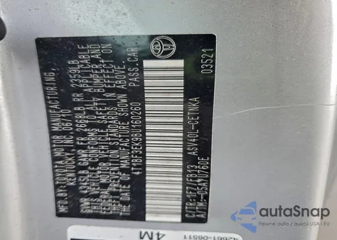 2011 Toyota Camry Base z USA, uszkodzony, nr VIN 4T1BF3EK9BU160260